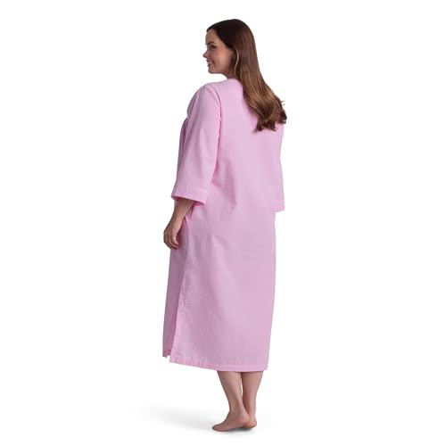 Image of Miss Elaine Long Seersucker Women's Robe, Pockets and Zipper with Front Embroidered Trim, Sleepwear & Loungewear