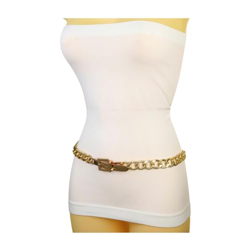 Women Fashion Urban Hip High Waist Belt Gold Metal Chain Thick Links Square Buckle M z2584