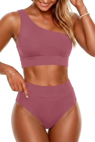 Image of Holipick Women One Shoulder High Waisted Bikini Sets Two Piece Swimsuit Tummy Control Bathing Suit Full Coverage Swimwear