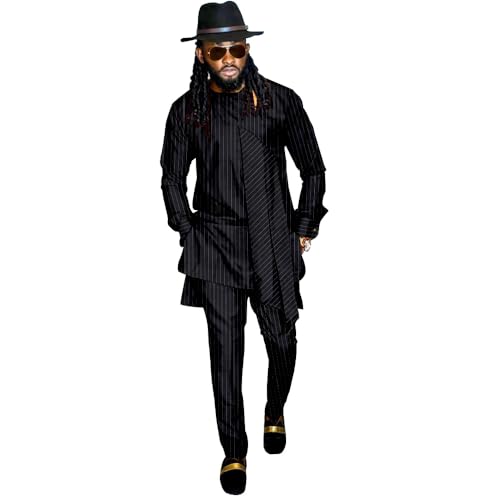 Men's Fashion Clothes African Shirt and Pant Suit Dashiki Long Sleeve Casual Outfits Blouse Pockets Black-1 S24 X-Large