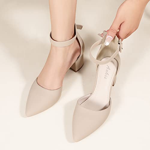 Ankis Closed Toe Heels For Women -Nude Pointed Toe Heels Low Block Chunky Women Pumps With Ankle Strap -2.25 Inch #TOP2