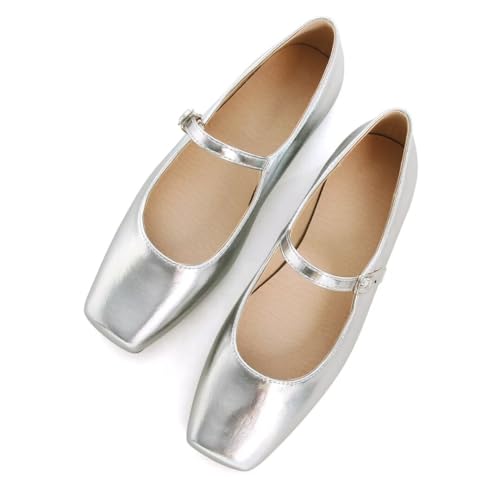 TN TANGNEST Leather Flats for Women Comfortable Square Toe Slip On Flats Soft Work Flats Retro Mary Jane Flats Silver 43(10) 2