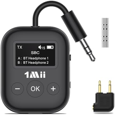 1Mii Airplane Bluetooth 5.3 Transmitter for All Headphones - Bluetooth Adapter for TV - Dual Connection - aptX Low Latency - Flying Travel, Wireless Audio Aux for MP3,Game,PC-Black