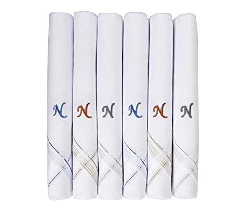 Caruso Italy Men's Initial Monogram Embroidery 100% Pure Cotton Handkerchief White Base With Colored Border - Pack Of 6