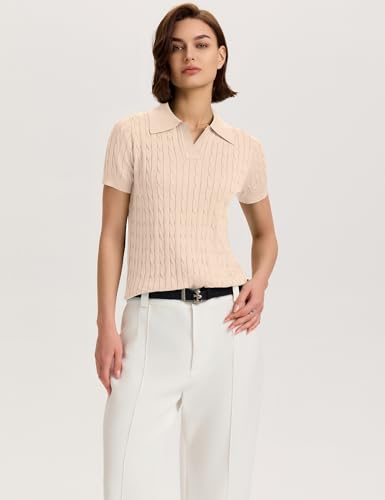 Image of Micoson Womens Short Sleeve Sweater Tops Lapel V Neck Polo Shirts 2026 Summer Cable Knit Loose Blouse Business Casual Outfits