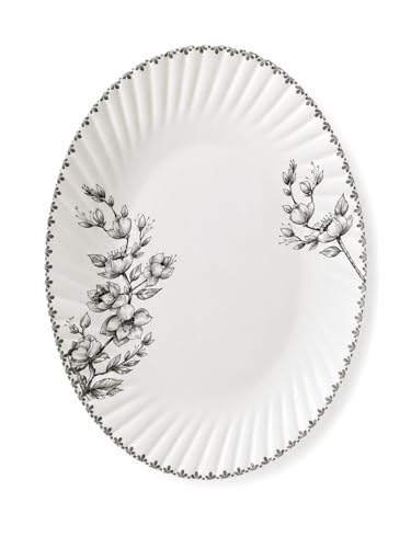 Image of Melvio By Malti Oval Rice Tray for Dining & Serving | Premium Melamine Serving Platter with Elegant Floral Design | Dishwasher Safe Rice Plate for Biryani, Pulao | White, 14.25 Inch