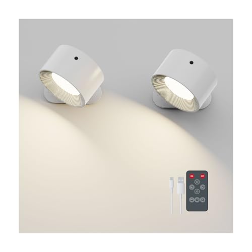 Feallive Lámpara de Pared 2 Pcs, Aplique Led Interior con Mando a Distancia Regulable con Batería Recargable 3 Niveles de Luminosidad 3 Modos de Color Orientable 360º para Dormitorio Blanco