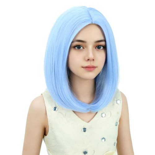 Image of Kids Blue Wig Girls Pale Blue Bob Wig Child Short Bob Wig Middle Part Wig for Kids Synthetic Wigs with Wig Cap
