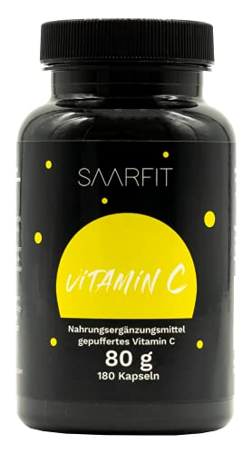 SAARFIT Vitamin C - 180 Kapseln mit 300mg elementares Vitamin C pro Kapsel - gepuffertes Vitamin C und Calciumascorbat für eine gute Verträglichkeit, vegan und ohne Zusätze Cover