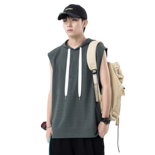 Men Tank Top Fitness Sweat-Wicking Breathable Hoodie Gym Outdoor Running Muscle Shirt Sleeveless Fashion Casual Sportshirt P-Dark Grey 3XL
