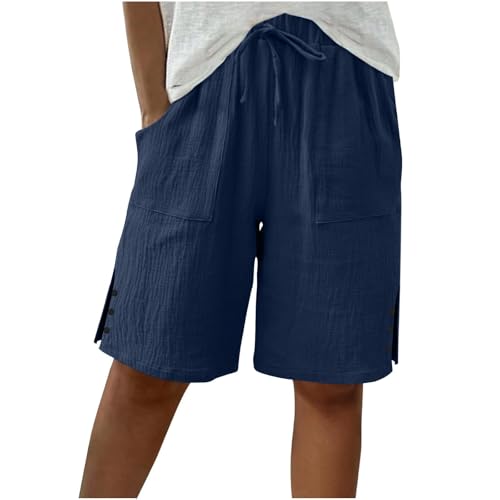 Linen Bermuda Shorts for Women Drawstring Knee Length with Pockets Plus Size Flowy Organic Baggy Capris 100% Cotton Summer Casual Adjustable Elastic Waisted Pants Over 50 Trendy Dark Blue