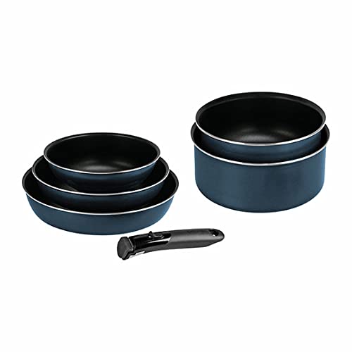 Sitram Batterie de cuisine amovible, 6 pièces, 3 poêles et 2 casseroles + 1 manche amovible, aluminium pressé, revêtement intérieur anti-adhésif, compatible tous feux dont induction, 714254 Bleu