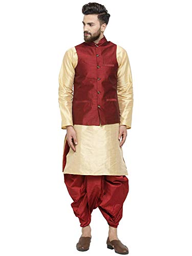 Royal Kurta Men's Silk Blend Kurta Dhoti & Nehru Jacket Set (38, Gold-Maroon) Cover