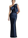 TORYEMY Navy Blue Bridesmaid Dress Mermaid One Shoulder Prom Dress Long Mermaid Formal Evening Dresses with Bow for Women Size 8