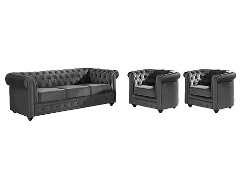 Vente-unique - Canapé 3 Places et 2 fauteuils Chesterfield - Velours Anthracite