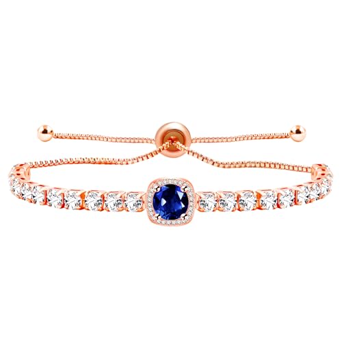 Image of Rose Plated Gold Brass Box Chain Cubic Zirconia Classic Tennis Slider Adjustable Bracelet, Round Big Zircon Charm Give Woman Mom Mother's Day Fashion Crystal Gift