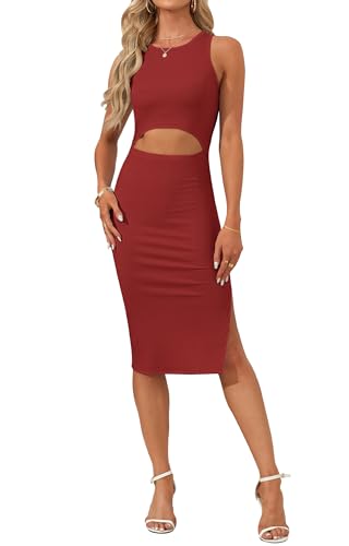 Image of AUSELILY Womens Summer Bodycon Dresses Crew Neck Cutout Midi Dress Casual Slit Sleeveless Ribbed Knit Pencil Dress