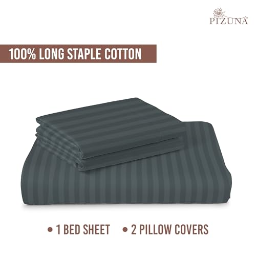 Image of Pizuna 100% Cotton Bedsheet Super King Size with 2 Pillow Covers, 300 Thread Count Long Staple Cotton, Stripes Pattern Flat Bed Sheet 108X108 Inch for Superking Bed, Anthrazit-Grey