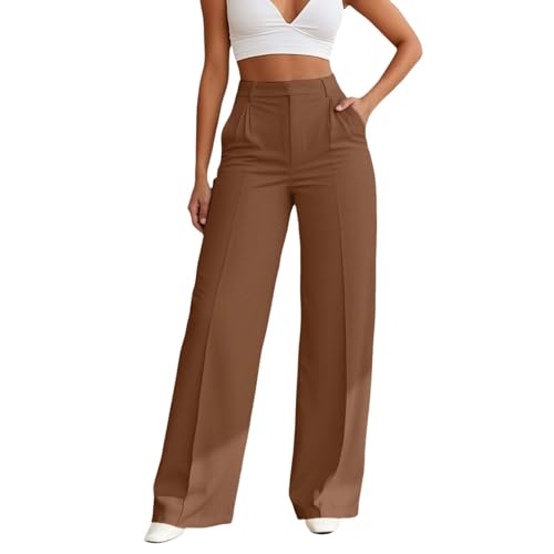 2025 Damen-Hose, weites Bein, hohe Taille, elegante Arbeitshose, Business-Casual-Palazzo-Hose mit Taschen, braun, L
