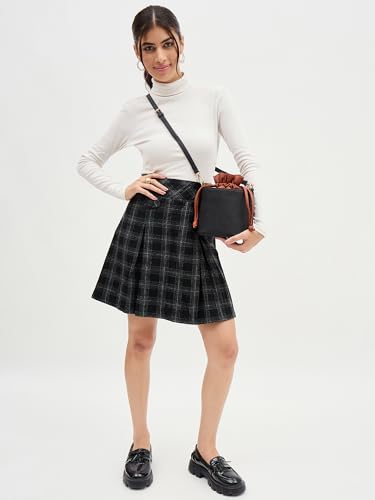 Image of white lily Women's Bucket Bag with Drawstring, Black and Brown Two-Tone, Adjustable Shoulder Strap