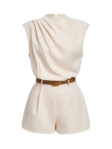 Image of SOLY HUX Women's Summer Ruched Mock Neck Romper Elegant Cap Sleeve Belted Work Short Jumpsuits