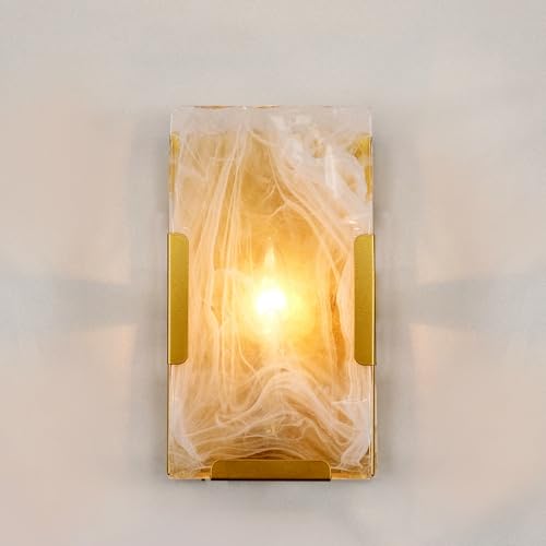 Image of Gold Wall Sconce Set ot 2, 1-Light White Cloud Glass Wall Lamp, 6 inch W x 10 inch H Alabaster Vanity Light Fixture for Living Room, Hallway, Dining Room, Bedroom (No Plug in)