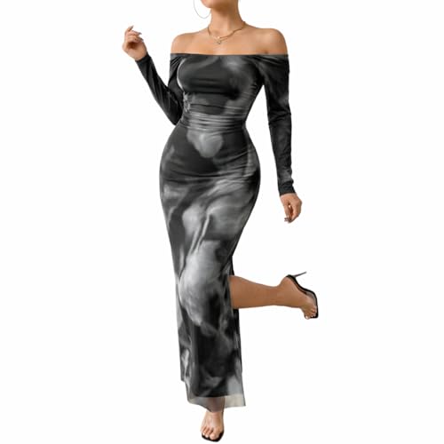 Image of LIGHT DOT Women's Printed Off Shoulder Maxi Dress Long Sleeve Bodycon Ruched Mesh Cocktail Dress