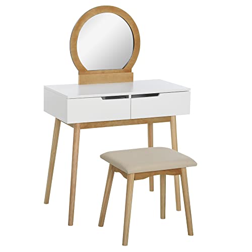 HOMCOM Coiffeuse Design scandinave Table de Maquillage avec Miroir, 2 tiroirs et Tabouret Blanc pin Clair