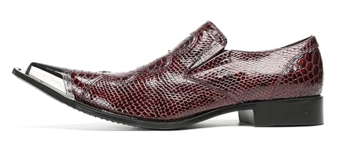 Santimon Men's Slip-On Penny Loafers Dress Casusl Shoes - Burgundy Red Crocodile Pattern Genuine Leather Metal Pointed Toe Mocasines with Gold Accent for Party Disco Bar2