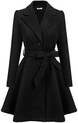 ELESOL Women's Wool Trench Coat Lapel Long Jackets Swing Overcoat Black/XL