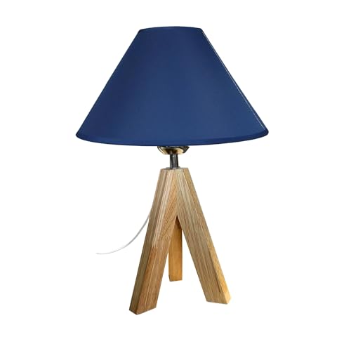 Loxton Lighting Wooden Tripod Table Lamp with 25cm Cotton Coolie Shade, Cream, 37cm Height (Navy Blue)