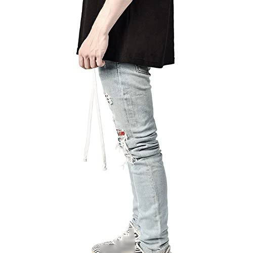 Men's Vintage Ripped Patch Jeans Printed Pattern Skinny Biker Denim Pants Hip Hop Skinny Check Patchwork Jean Trousers Light Blue3