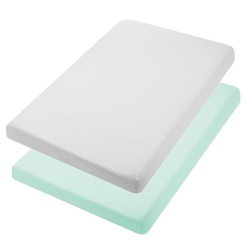 Image of TILLYOU Mini Crib Fitted Sheets - Soft Knit Sheet for Pack N Play, Microfiber Mini Crib Sheets, Playpen Bedding Sheet for Baby 2 Pack, Machine Washable, 38'' x 24'', Light Green & Light Gray
