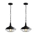 UShe DHome Industrial Pendant Lights 2 Pack Farmhouse Pendant Lights with Adjustable Chain, D10.2 Rustic Pendant Lighting Barn Black Metal Hanging Lights with Wire Cage for Kitchen Island Dining Room