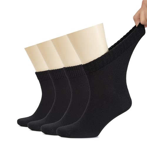 Hugh Ugoli Mens Cotton Diabetic Ankle Socks Wide Thin Loose Fit and Stretchy Seamless Toe & Non Binding Top 4 Pairs Black Shoe Size: 8-11