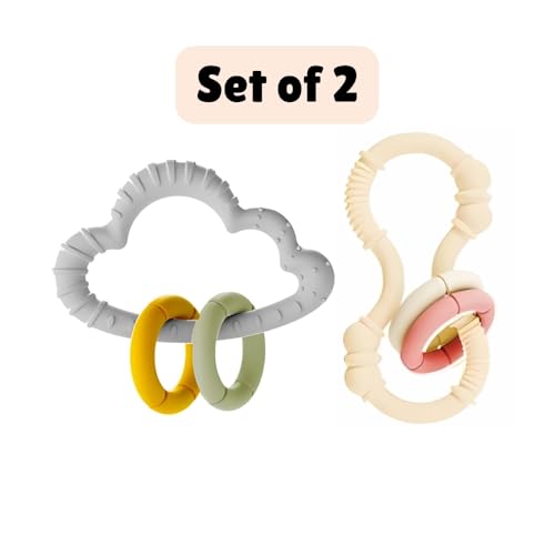 Image of Cloud and Mini Silicone Teething Toys with Movable Rings - BPA Free, Soft and Safe Teething Relief, Ideal for New Parents and Infant Care, Set of 2 (Gray & Cream)