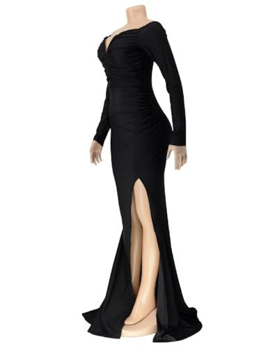 A ADILACA Women's Sexy V-Neck Off Shoulder High Split Formal Party Maxi Dress4