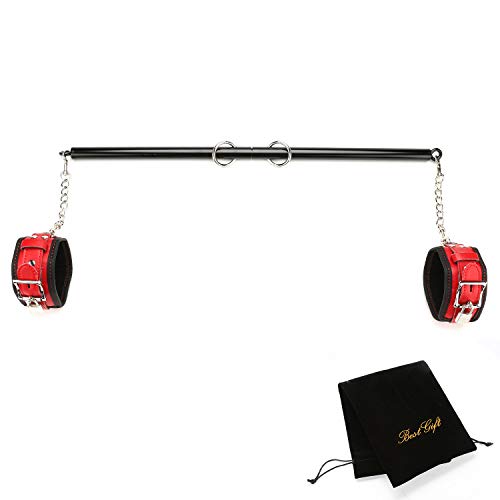 EXREIZST Adjustable Pilates Spreader Bar with 2 Premium Soft Pad Leather Straps 2 Chains Expandable Sports Aid Training Fitness Kit, Black and Red