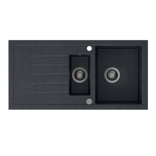 VBChome Spülbecken mit Armatur 100 x 50 cm Einzelbecken Schwarz Granit Rechteckig Reversibel Einbauspüle Gesprenkelt Großes Tiefes Becken Siphon Armatur