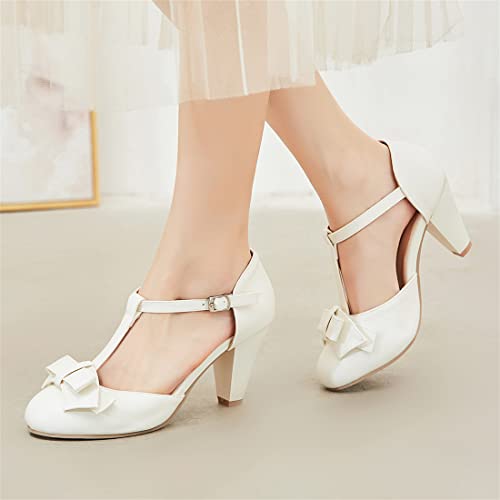 Image of Elbslutt Women's Cute Retro Rockabilly Shoes T Strap Mary Janes Heels Chunky Cosplay Shoes Sweet Block Heeled Bow Pumps