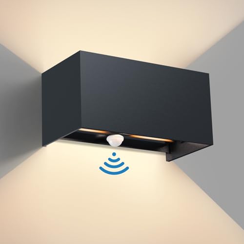 vatato 24W Außenwandleuchte mit Bewegungsmelder, IP65,3000K Warmweiß LED Wandleuchte Außen/Innen Aluminium, Einstellbarer Lichtstrahl außenlampe mit bewegungsmelder für Flur/Weg (Dunkelgrau)