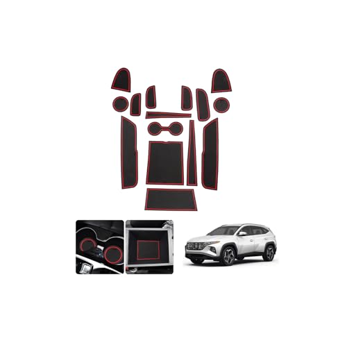 LUWU for 2024 Tucson Accessories - for 2022 2023 2024 Hyundai Tucson Limited Door Slot Mats 2024 Tucson Hybrid Cup Holder Insert Coaster Center Console Liners Mats Red Trim - 15 PCS/Sets