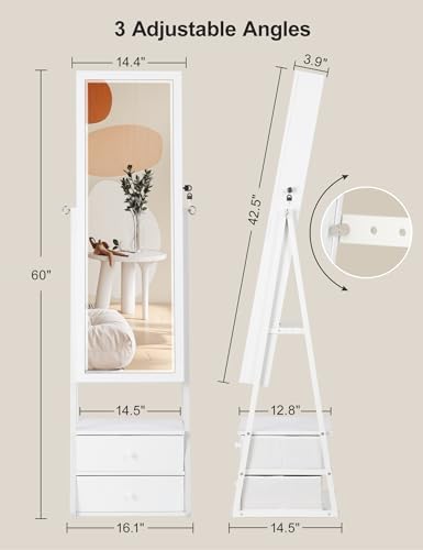 Nicetree Jewelry Armoire with 2 Drawers, Standing Jewelry Mirror Cabinet with Lights, Led Full Length Mirror with Jewelry Storage, Pure White