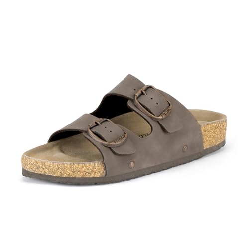 FITORY Womens Flat Sandals with Suede Insole, Open Toe Adjustable Slides for Summer Brownish Yellow Size 6