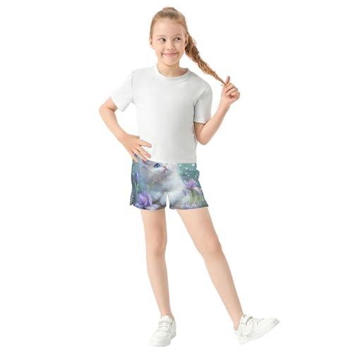 Girls Athletic Shorts Dreamy Kitten Hummingbird Flowers Shorts Colorful Animal Print Kids Summer Clothes, X-Small2
