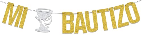 Mi Bautizo Banner para bautizo, baby shower, decoración para niños y niñas, purpurina dorada