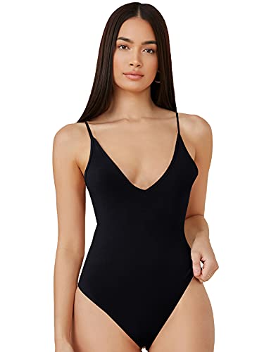 Floerns Women s Solid Basic Deep V Neck Spaghetti Strap Cami Bodysuit Black M