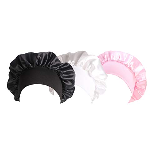 Ever Fairy Polyester Night Cap,Women Curly GirlÂ Slap Headwear Gifts for Frizzy Hair Women Sleep Slouchy Bonnet Cap with Premium Width Elastic Band (Black+White+Pink)