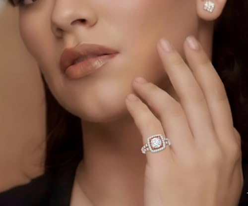 Image of 55Carat Choose Your Gemstone Double Band Square Halo Diamond CZ Ring 925 Sterling Silver Round Shape Halo Engagement Rings Everyday Jewelry Wedding Jewelry Handmade Gifts for Wife US Size 4 to 12
