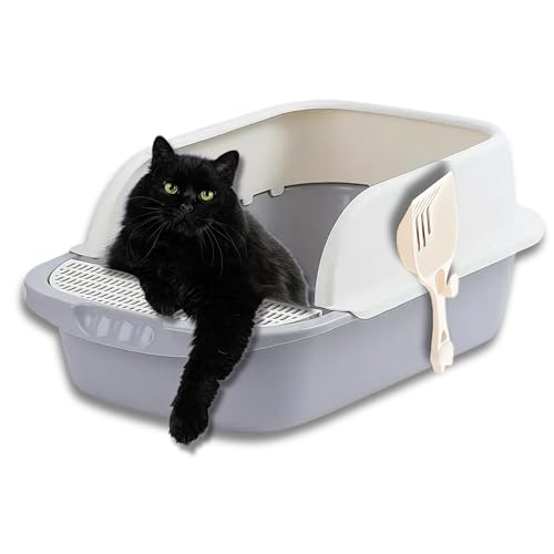 Large Cat Litter Box with High Sides - Open Top Cat Litter Tray for Big Cats with Scoop & Scatter Shield, Easy Clean Plastic Kitty Litter Box (Grey)